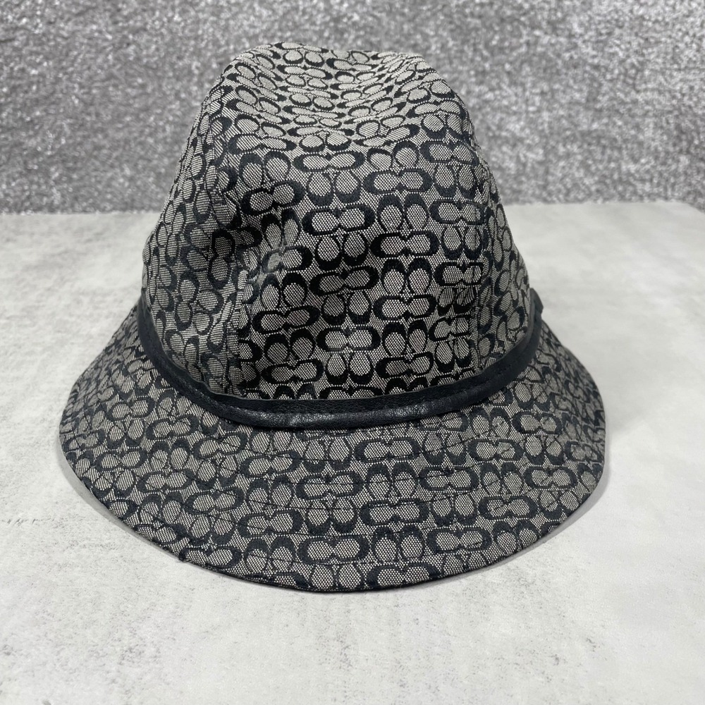 Coach Bucket Hat Size P/S Small Signature C Monogram Black Grey Leather Trim - Picture 4 of 12